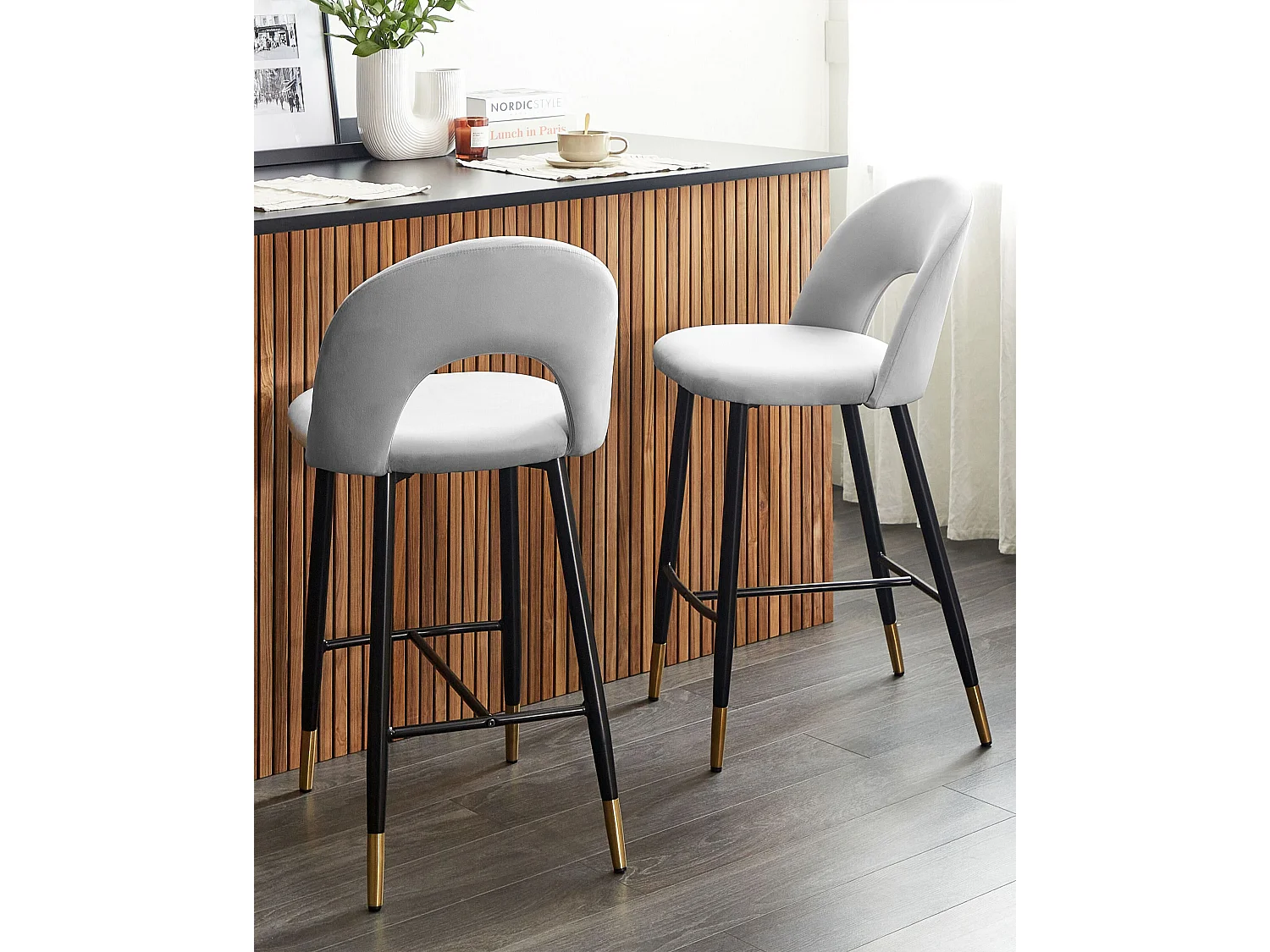 Set van 2 barstoelen FALTON Fluweel Grijs