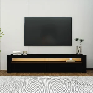 "Bati" Zwart Houten TV-meubel – LED-verlichting – 150 x 36 x 46 cm – Hanah Home Collectie "Bati" Zwart Houten TV-meubel – LED-verlichting – 150 x 36 x 46 cm – Hanah Home Collectie