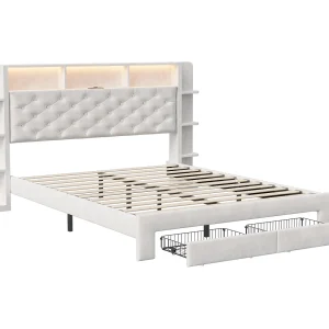 Bed van 140×200 cm met 2 lades, gestoffeerd bed met verstelbare ledverlichting, USB-poort, opbergruimte, fluweel, wit Bed van 140×200 cm met 2 lades, gestoffeerd bed met verstelbare ledverlichting, USB-poort, opbergruimte, fluweel, wit