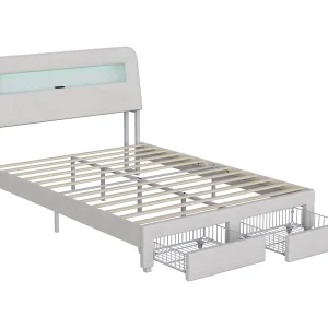 Beige bed, 140x200cm lattenbodem, opbergruimte in het hoofdeinde, tweepersoonsbed met ledverlichting en usb-poort, twee lades Beige bed, 140x200cm lattenbodem, opbergruimte in het hoofdeinde, tweepersoonsbed met ledverlichting en usb-poort, twee lades