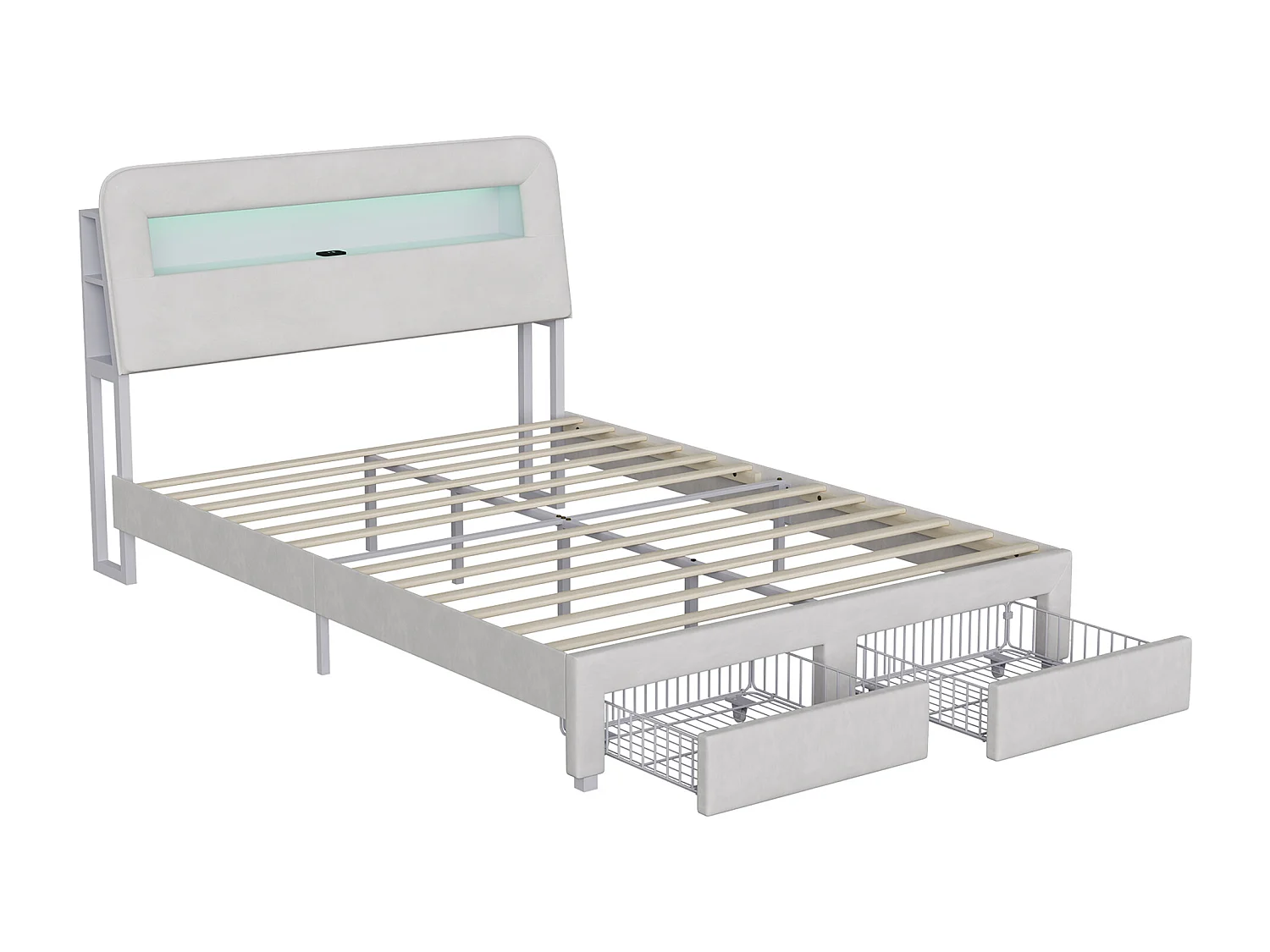 Beige bed, 140x200cm lattenbodem, opbergruimte in het hoofdeinde, tweepersoonsbed met ledverlichting en usb-poort, twee lades