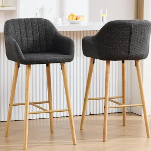 Barstoel met Rugleuning en Armleuningen – Poten van Eiken, Zitting van Linnen – Vaste Hoogte 75 cm – Ideaal voor Keukeneiland, Bar, Aanrecht Barstoel met Rugleuning en Armleuningen – Poten van Eiken, Zitting van Linnen – Vaste Hoogte 75 cm – Ideaal voor Keukeneiland, Bar, Aanrecht