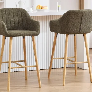 Barstoel met Rugleuning en Armleuningen – Poten van Eiken, Zitting van Linnen – Vaste Hoogte 75 cm – Ideaal voor Keukeneiland, Bar, Aanrecht Barstoel met Rugleuning en Armleuningen – Poten van Eiken, Zitting van Linnen – Vaste Hoogte 75 cm – Ideaal voor Keukeneiland, Bar, Aanrecht