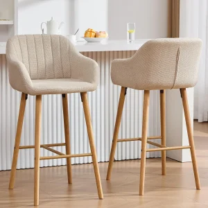 Barstoel met Rugleuning en Armleuningen – Poten van Eiken, Zitting van Linnen – Vaste Hoogte 75 cm – Ideaal voor Keukeneiland, Bar, Aanrecht Barstoel met Rugleuning en Armleuningen – Poten van Eiken, Zitting van Linnen – Vaste Hoogte 75 cm – Ideaal voor Keukeneiland, Bar, Aanrecht