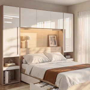 Brugkast met opbergruimte en ledverlichting L265 cm kleuren wit en houtlook – VELONA Brugkast met opbergruimte en ledverlichting L265 cm kleuren wit en houtlook – VELONA