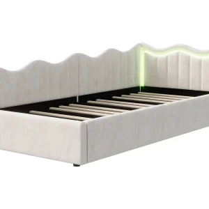 Beige fluwelen opbergbed 90×200 cm, golvend hoofdbord met ledverlichting, lattenbodem van hout Beige fluwelen opbergbed 90×200 cm, golvend hoofdbord met ledverlichting, lattenbodem van hout