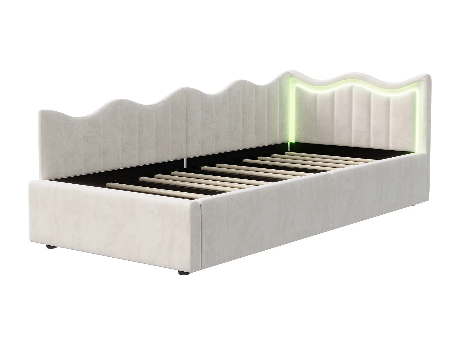 Beige fluwelen opbergbed 90x200 cm, golvend hoofdbord met ledverlichting, lattenbodem van hout
