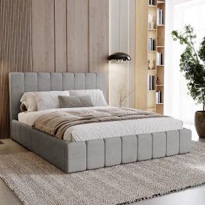 BESILIO Gestoffeerd bed Slim 200×200 Lexy – metalen frame, opbergruimte voor beddengoed, slank bed, fluwelen stof – Grijs BESILIO Gestoffeerd bed Slim 200×200 Lexy – metalen frame, opbergruimte voor beddengoed, slank bed, fluwelen stof – Grijs
