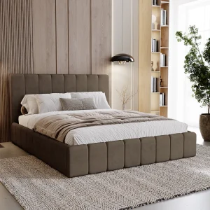 BESILIO Gestoffeerd bed Slim 200×200 Lexy – metalen frame, opbergruimte voor beddengoed, slank bed, fluwelen stof – Bruin BESILIO Gestoffeerd bed Slim 200×200 Lexy – metalen frame, opbergruimte voor beddengoed, slank bed, fluwelen stof – Bruin