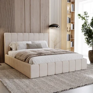 BESILIO Gestoffeerd bed Slim 180×200 Lexy – metalen frame, opbergruimte voor beddengoed, slank bed, fluwelen stof – Beige BESILIO Gestoffeerd bed Slim 180×200 Lexy – metalen frame, opbergruimte voor beddengoed, slank bed, fluwelen stof – Beige
