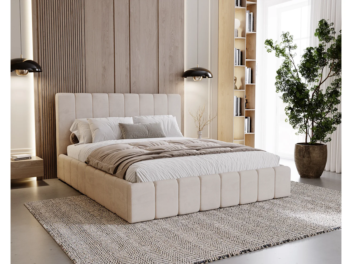 BESILIO Gestoffeerd bed Slim 200x200 Lexy – metalen frame, opbergruimte voor beddengoed, slank bed, fluwelen stof – Beige