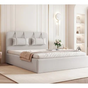 BESILIO Bed met opbergruimte van plaatmateriaal 140×200 Monti – slank bed met afneembare sierkussens, lattenbodem en opbergruimte voor beddengoed – Lichtgrijs BESILIO Bed met opbergruimte van plaatmateriaal 140×200 Monti – slank bed met afneembare sierkussens, lattenbodem en opbergruimte voor beddengoed – Lichtgrijs