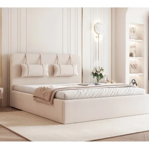 BESILIO Bed met opbergruimte van plaatmateriaal 120×200 Monti – slank bed met afneembare sierkussens, lattenbodem en opbergruimte voor beddengoed – Crèmekleurig BESILIO Bed met opbergruimte van plaatmateriaal 120×200 Monti – slank bed met afneembare sierkussens, lattenbodem en opbergruimte voor beddengoed – Crèmekleurig