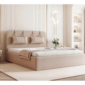 BESILIO Bed met opbergruimte van plaatmateriaal 140×200 Monti – slank bed met afneembare sierkussens, lattenbodem en opbergruimte voor beddengoed – Beige BESILIO Bed met opbergruimte van plaatmateriaal 140×200 Monti – slank bed met afneembare sierkussens, lattenbodem en opbergruimte voor beddengoed – Beige