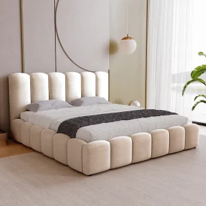 BESILIO Zacht gestoffeerd bed 160×200 Julien – bed met opbergruimte, afgerond design, dichte verticale banen – Beige