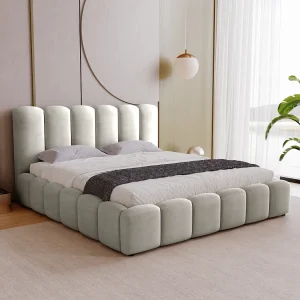 BESILIO Zacht gestoffeerd bed 160×200 Julien – bed met opbergruimte, afgerond design, dichte verticale banen – Lichtgrijs