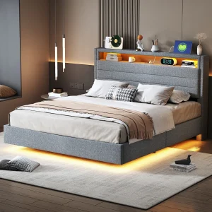 Opbergbed 140×200 cm, bed met ledverlichting en USB-poort, met opbergvak, linnen stof, grijs Opbergbed 140×200 cm, bed met ledverlichting en USB-poort, met opbergvak, linnen stof, grijs