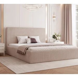BESILIO Bed 200×200 Vienna – bed met opbergruimte, slank bed, lattenbodem – fluwelen stof – Beige