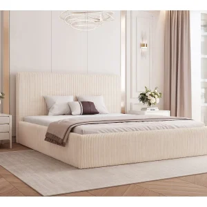 BESILIO Bed 180×200 Vienna – bed met opbergruimte, slank bed, lattenbodem – fluwelen stof – Crème