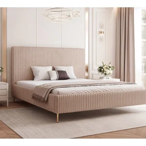 BESILIO Bed 200×200 Vienna II – bed met opbergruimte, slank bed, hoge gouden poten, lattenbodem – zachte fluwelen stof – Beige