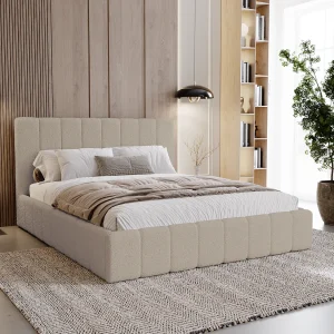 BESILIO Slaapkamerbed Slim 180×200 Lexy – metalen frame, opbergruimte voor beddengoed, slank bed, boucléstof – Beige BESILIO Slaapkamerbed Slim 180×200 Lexy – metalen frame, opbergruimte voor beddengoed, slank bed, boucléstof – Beige
