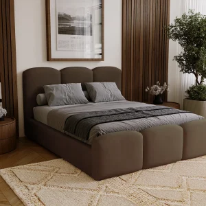 BESILIO Gestoffeerd slaapkamerbed 180×200 Camille – bed met opbergruimte en houten lattenbodem – Bruin