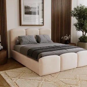 BESILIO Gestoffeerd slaapkamerbed 200×200 Camille – bed met opbergruimte en houten lattenbodem – Beige