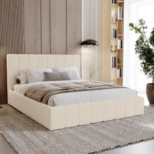 BESILIO Slaapkamerbed Slim 200×200 Lexy – metalen frame, opbergruimte voor beddengoed, slank bed, boucléstof – Crème BESILIO Slaapkamerbed Slim 200×200 Lexy – metalen frame, opbergruimte voor beddengoed, slank bed, boucléstof – Crème