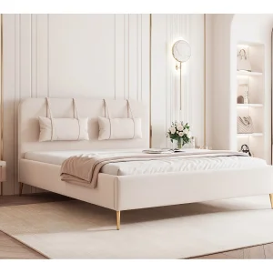 BESILIO Bed op gouden poten 200×200 Monti II – slank bed met afneembare sierkussens, metalen poten, lattenbodem en opbergruimte voor beddengoed – Crèmekleurig BESILIO Bed op gouden poten 200×200 Monti II – slank bed met afneembare sierkussens, metalen poten, lattenbodem en opbergruimte voor beddengoed – Crèmekleurig