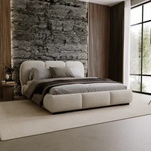 BESILIO Bed met opbergruimte en lattenbodem 180×200 Holi – tweepersoons gestoffeerd bed van bouclé-/teddystof – Beige