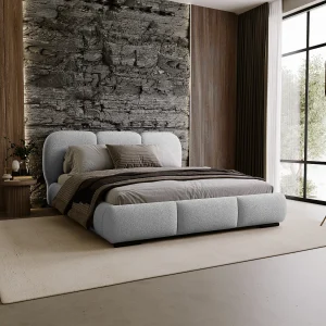 BESILIO Bed met opbergruimte en lattenbodem 160×200 Holi – tweepersoons gestoffeerd bed van bouclé-/teddystof – Lichtgrijs