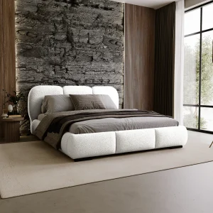 BESILIO Bed met opbergruimte en lattenbodem 180×200 Holi – tweepersoons gestoffeerd bed van bouclé-/teddystof – Wit