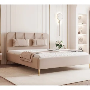 BESILIO Bed op gouden poten 120×200 Monti II – slank bed met afneembare sierkussens, metalen poten, lattenbodem en opbergruimte voor beddengoed – Beige BESILIO Bed op gouden poten 120×200 Monti II – slank bed met afneembare sierkussens, metalen poten, lattenbodem en opbergruimte voor beddengoed – Beige