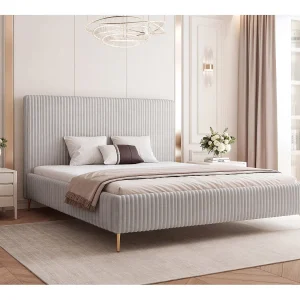 BESILIO Bed 180×200 Vienna II – bed met opbergruimte, slank bed, hoge gouden poten, lattenbodem – zachte fluwelen stof – Lichtgrijs