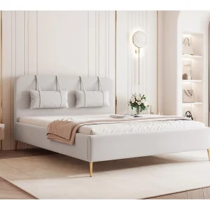 BESILIO Bed op gouden poten 120×200 Monti II – slank bed met afneembare sierkussens, metalen poten, lattenbodem en opbergruimte voor beddengoed – Lichtgrijs BESILIO Bed op gouden poten 120×200 Monti II – slank bed met afneembare sierkussens, metalen poten, lattenbodem en opbergruimte voor beddengoed – Lichtgrijs