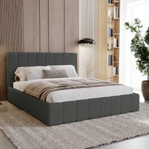 BESILIO Slaapkamerbed Slim 200×200 Lexy – metalen frame, opbergruimte voor beddengoed, slank bed, boucléstof – Grijs BESILIO Slaapkamerbed Slim 200×200 Lexy – metalen frame, opbergruimte voor beddengoed, slank bed, boucléstof – Grijs