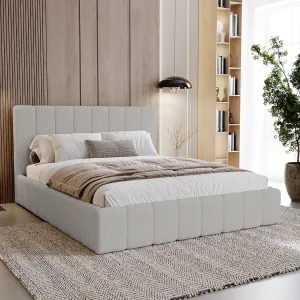 BESILIO Slaapkamerbed Slim 200×200 Lexy – metalen frame, opbergruimte voor beddengoed, slank bed, boucléstof – Lichtgrijs BESILIO Slaapkamerbed Slim 200×200 Lexy – metalen frame, opbergruimte voor beddengoed, slank bed, boucléstof – Lichtgrijs
