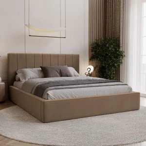 BESILIO Stijlvol gestoffeerd bed 180×200 Persea – metalen frame, opbergruimte voor beddengoed, decoratieve bies – Bruin BESILIO Stijlvol gestoffeerd bed 180×200 Persea – metalen frame, opbergruimte voor beddengoed, decoratieve bies – Bruin