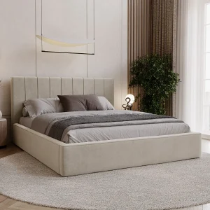 BESILIO Stijlvol gestoffeerd bed 180×200 Persea – metalen frame, opbergruimte voor beddengoed, decoratieve bies – Beige BESILIO Stijlvol gestoffeerd bed 180×200 Persea – metalen frame, opbergruimte voor beddengoed, decoratieve bies – Beige