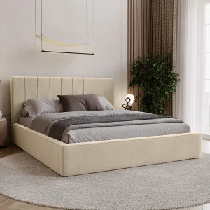 BESILIO Stijlvol gestoffeerd bed 180×200 Persea – metalen frame, opbergruimte voor beddengoed, decoratieve bies – Crème BESILIO Stijlvol gestoffeerd bed 180×200 Persea – metalen frame, opbergruimte voor beddengoed, decoratieve bies – Crème