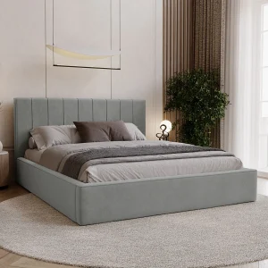 BESILIO Stijlvol gestoffeerd bed 180×200 Persea – metalen frame, opbergruimte voor beddengoed, decoratieve bies – Grijs