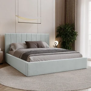BESILIO Stijlvol gestoffeerd bed 180×200 Persea – metalen frame, opbergruimte voor beddengoed, decoratieve bies – Lichtgrijs
