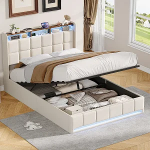 Bed van 160×200 cm met ledverlichting, hydraulisch opbergvak, lattenbodem, USB- en Type-C-aansluitingen – Beige linnen stof Bed van 160×200 cm met ledverlichting, hydraulisch opbergvak, lattenbodem, USB- en Type-C-aansluitingen – Beige linnen stof
