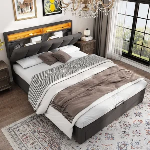 Bed van 140×190 cm in grijs linnen met gestoffeerd hoofdeinde, hydraulische opbergruimte en lades – LED-verlichting en stalen frame Bed van 140×190 cm in grijs linnen met gestoffeerd hoofdeinde, hydraulische opbergruimte en lades – LED-verlichting en stalen frame