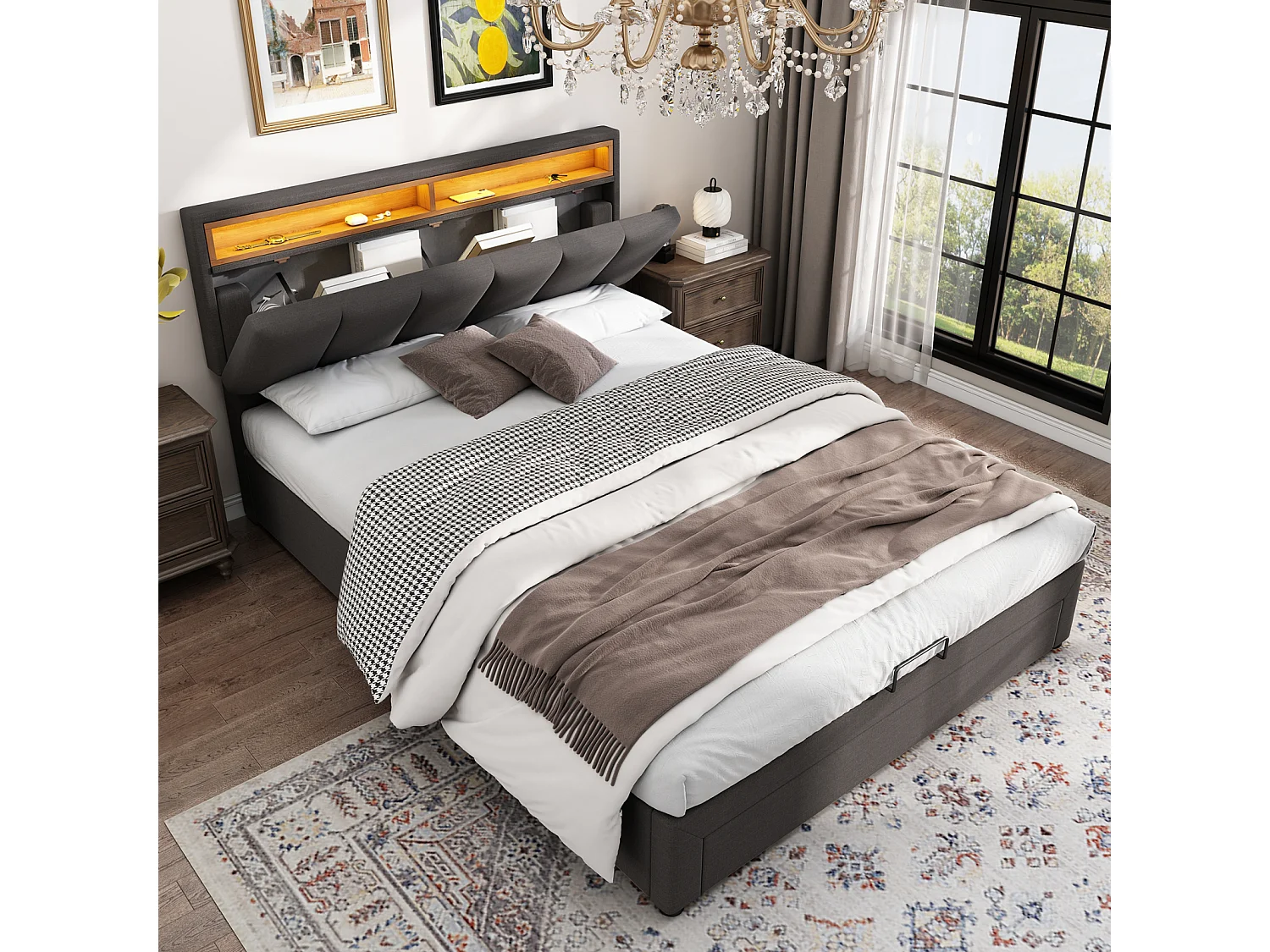 Bed van 140x190 cm in grijs linnen met gestoffeerd hoofdeinde, hydraulische opbergruimte en lades - LED-verlichting en stalen frame
