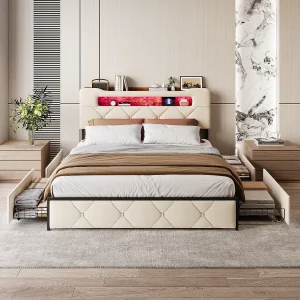 Bed van 160×200 cm met 4 opberglades – Hoofdbord met ledverlichting, beige stoffen bekleding, metalen frame en panelen