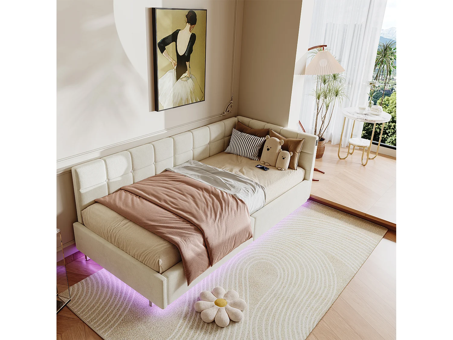 Bed van 90x200 cm met LED-hoofdbord en opbergruimte, USB- en Type-C-oplaadfunctie, RGB-verlichting met afstandsbediening, beige fluwelen stofontwerp