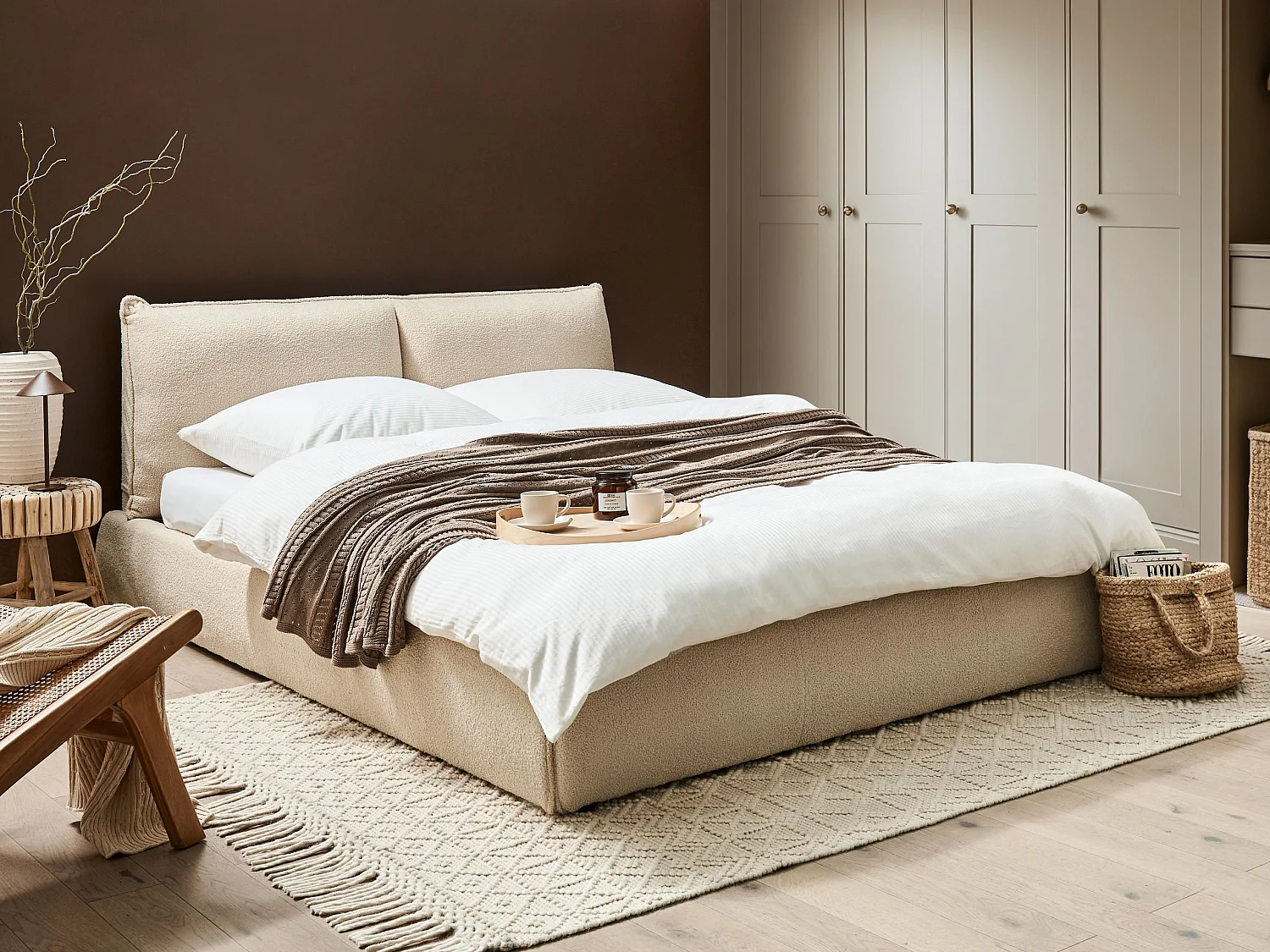 Bed Bouclé VINAY 160 x 200 cm Lichtbeige