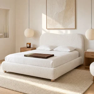 Bed met opbergruimte 160 x 200 cm, witte boucléstof + matras – VANARI Bed met opbergruimte 160 x 200 cm, witte boucléstof + matras – VANARI