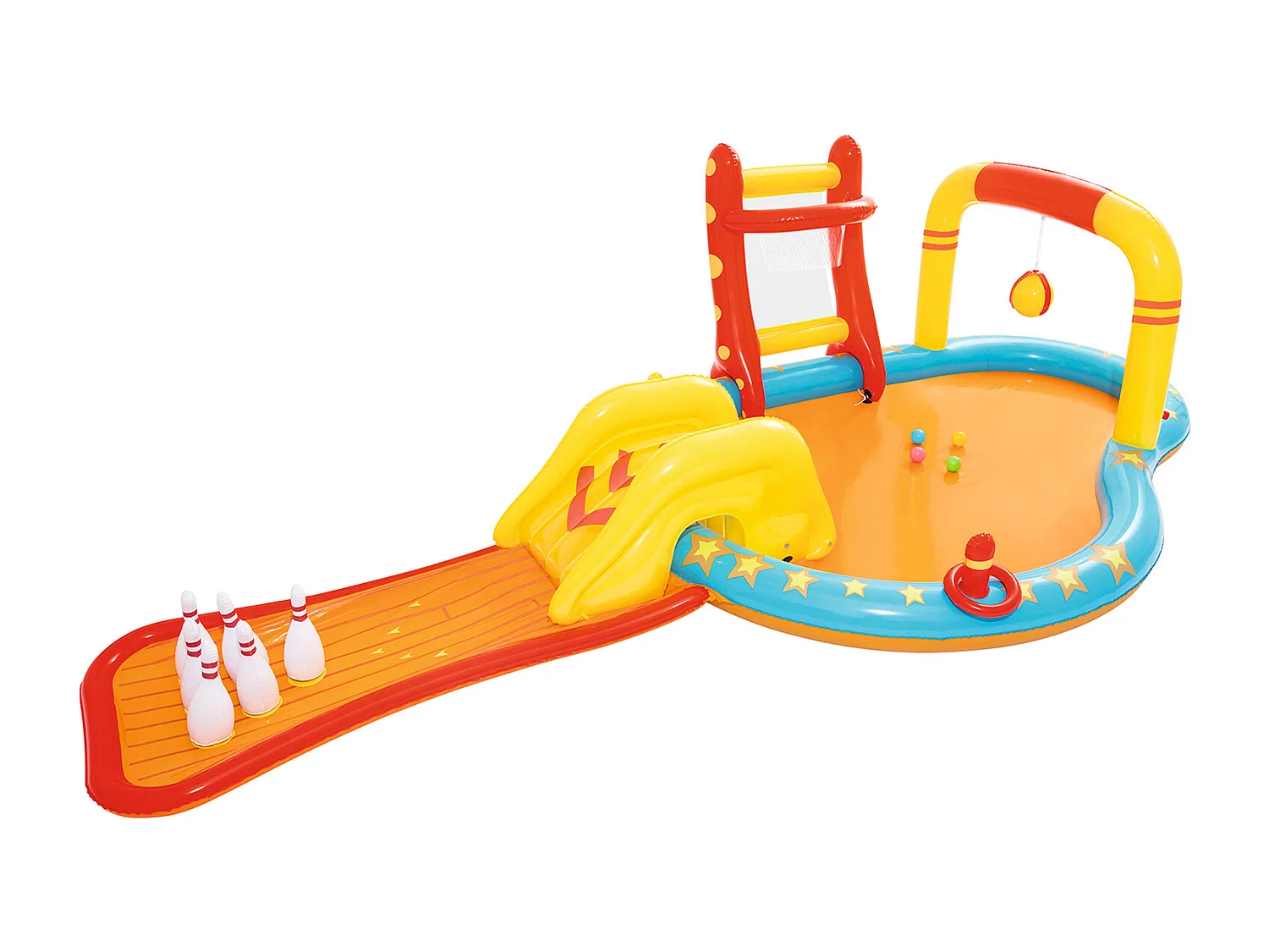 Bestway Lil' Champ Opblaasbaar Kinder Speelcentrum 435x213x117 cm met Glijbaan, Sproeier, Bowling, Basketbal, Ringen, Tetherball